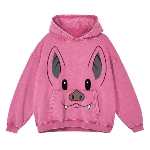 Bat Face Acid Wash Oversized Pink Hoodie