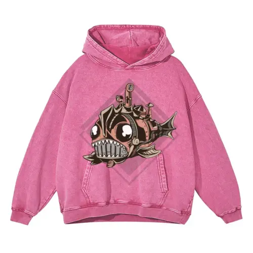 Fish Steampunk Acid Wash Oversized Pink Hoodie
