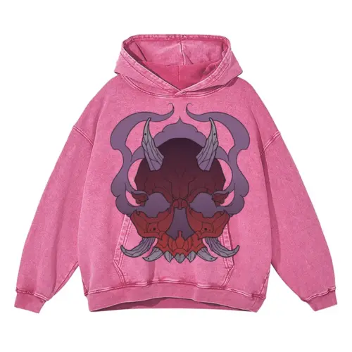 Demon Skull Halloween Acid Wash Oversized Pink Hoodie