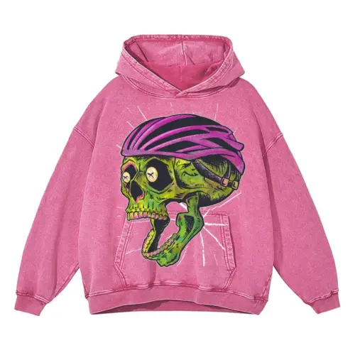 Bike Helmet Skull Acid Wash Oversized Pink Hoodie