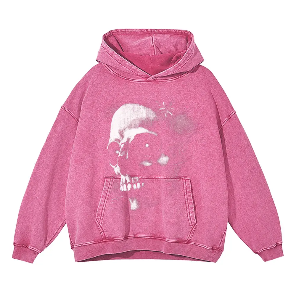 Monochrome Skull Nebula Acid Wash Oversized Pink Hoodie