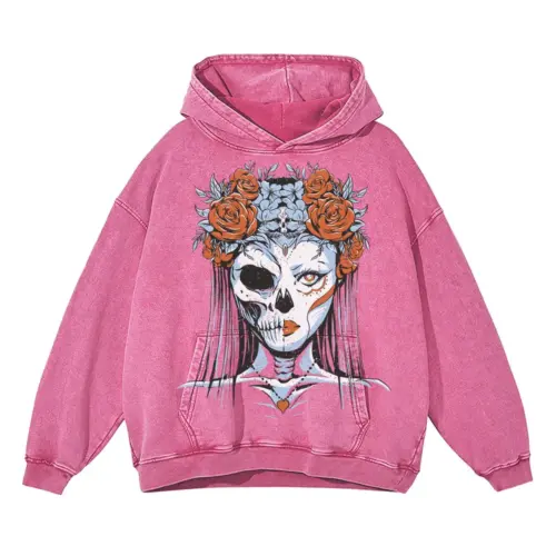 Half Skeleton Bride Acid Wash Oversized Pink Hoodie