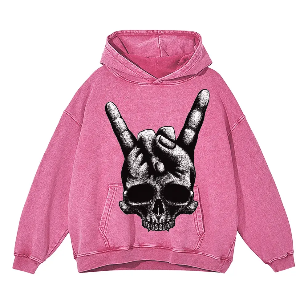 Heavy Metal Skull Acid Wash Oversized Pink Hoodie