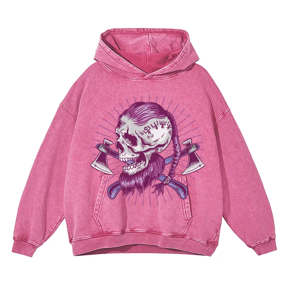 Viking Skull C Acid Wash Oversized Pink Hoodie