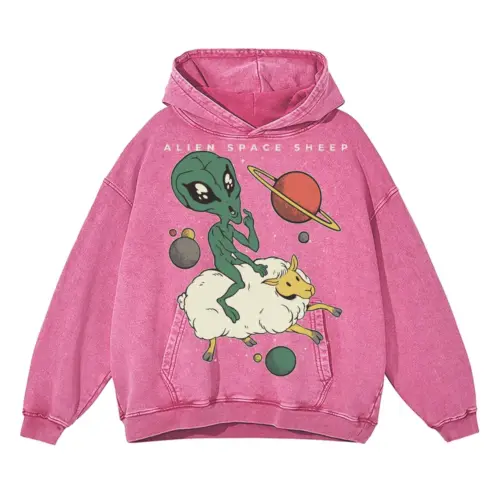 Alien Space Sheep Acid Wash Oversized Pink Hoodie