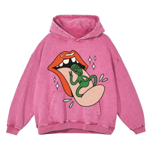 Alien On Tongue Acid Wash Oversized Pink Hoodie