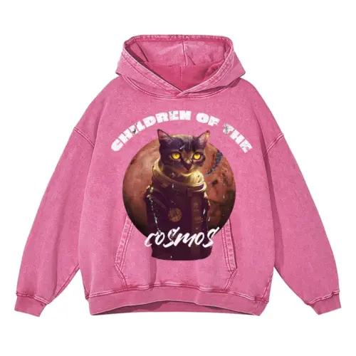 Tote Cat Astronaut Acid Wash Oversized Pink Hoodie