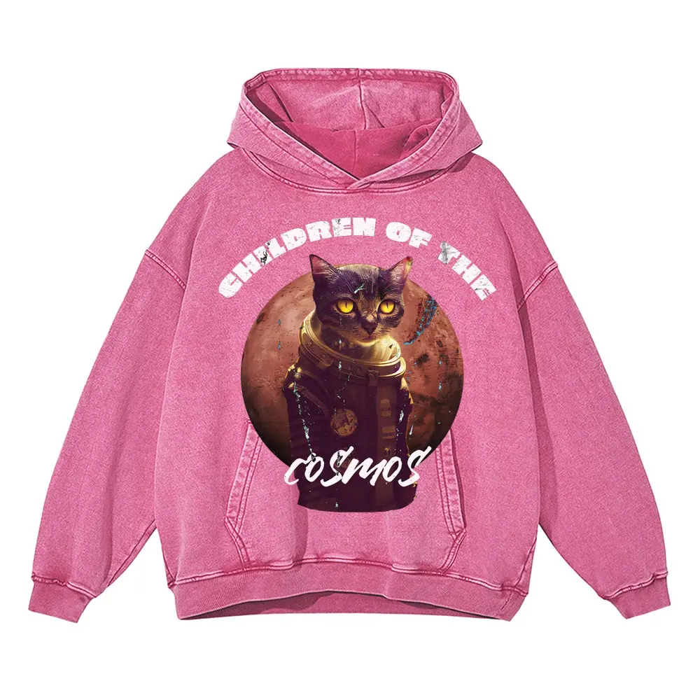 Tote Cat Astronaut Acid Wash Oversized Pink Hoodie