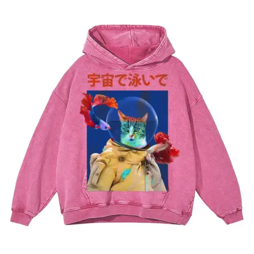 Trippy Cat Astronaut Acid Wash Oversized Pink Hoodie