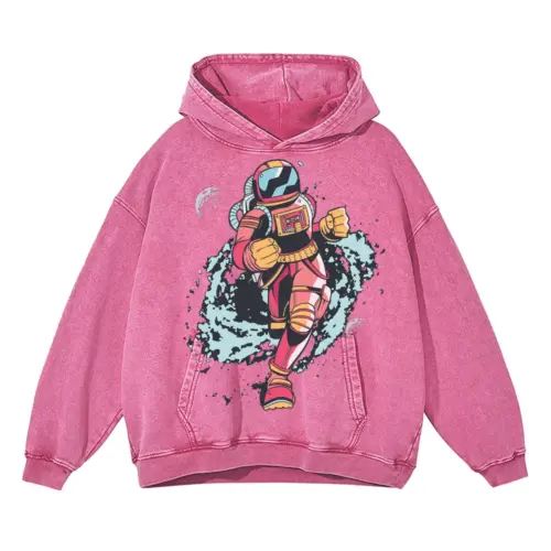 Spaceman Running Acid Wash Oversized Pink Hoodie