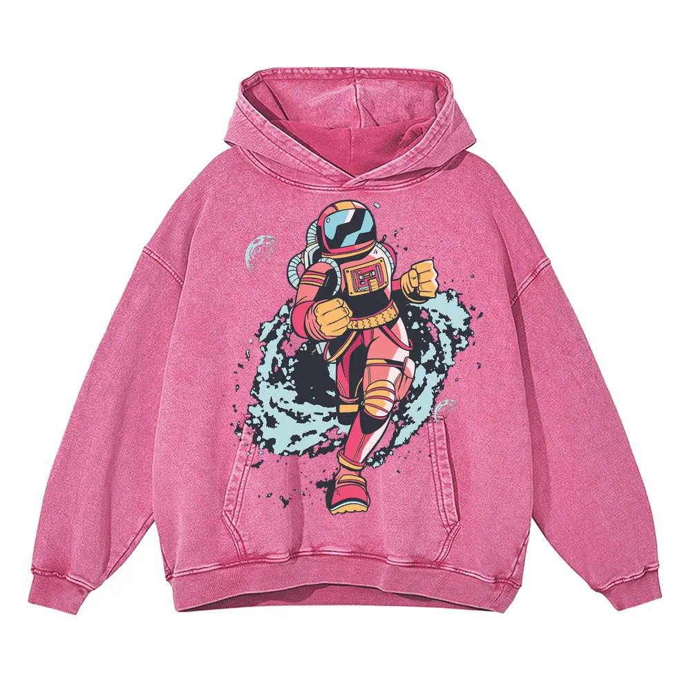 Spaceman Running Acid Wash Oversized Pink Hoodie